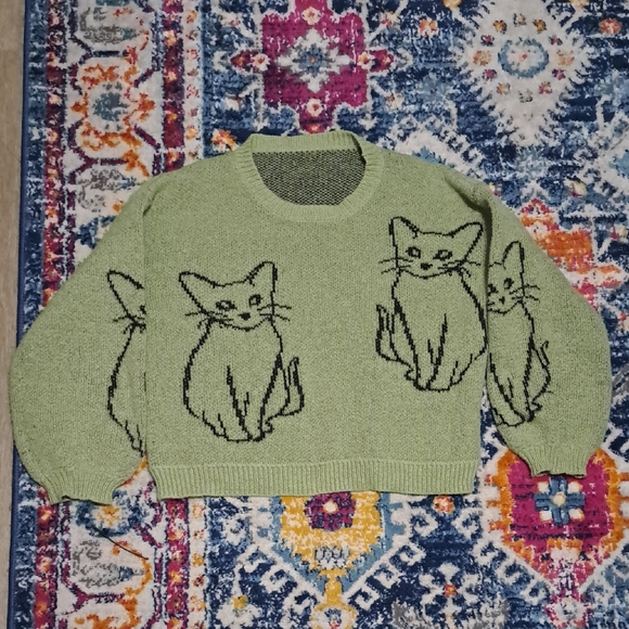 Green Knit Cat Pattern Sweater - Picture 1 of 3
